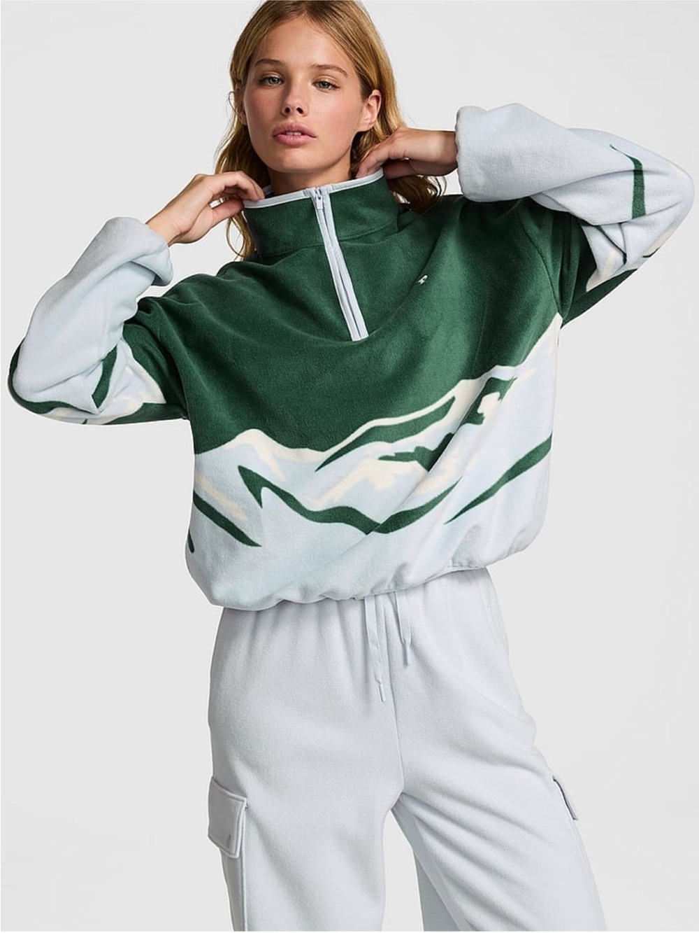 Victoria's Secret PINK Deep Forest Green Half Zip Fleece Sweatshirt L